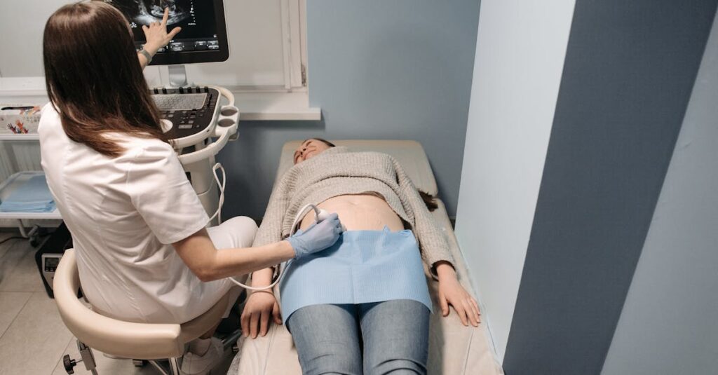 Healthcare professional performing an ultrasound scan on a patient in a medical clinic.